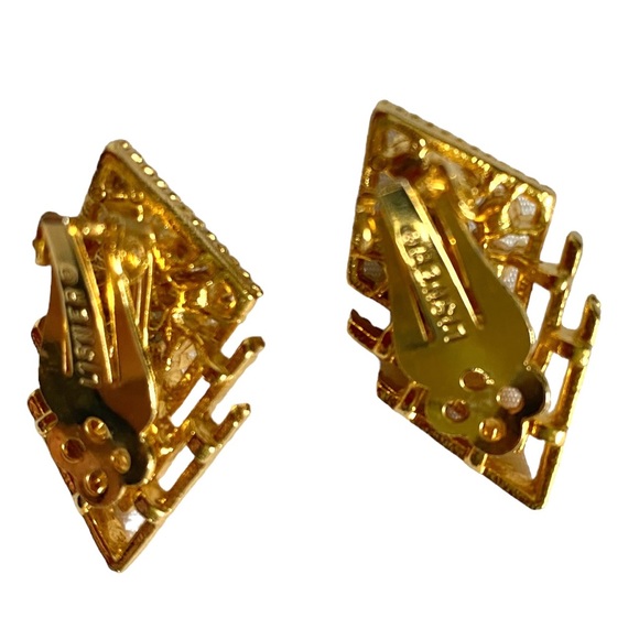 Vintage LISNER Clip On Earrings Gold Tone & Rhinestone Earrings 80s Chic Glam - Picture 4 of 11